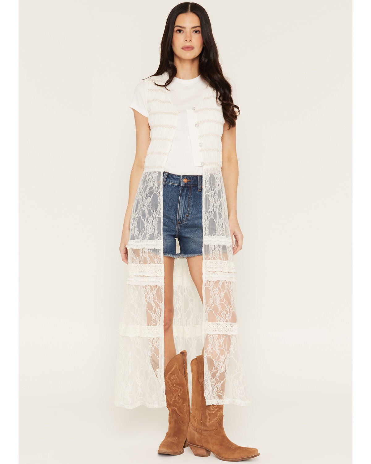 Baeverly Women's Smocked Lace Button-Down Kimono, Ivory, hi-res