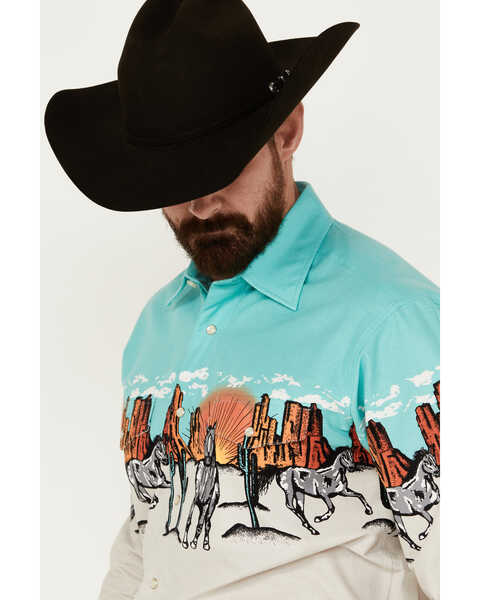 Image #2 - Panhandle Men's Desert Border Long Sleeve Pearl Snap Western Shirt , Turquoise, hi-res