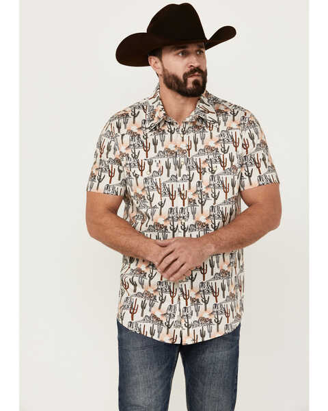 Rock & Roll Denim Men's Cactus Desert Print Short Sleeve Pearl Snap Stretch Western Shirt , Cream, hi-res
