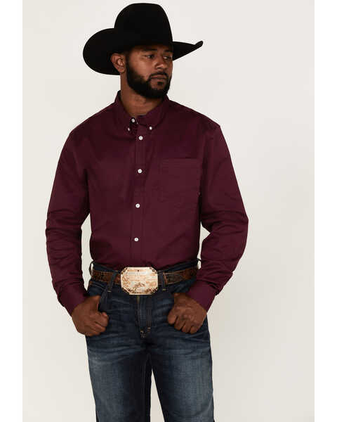 RANK 45® Men's Solid Basic Twill Logo Long Sleeve Button-Down Western Shirt , Purple, hi-res