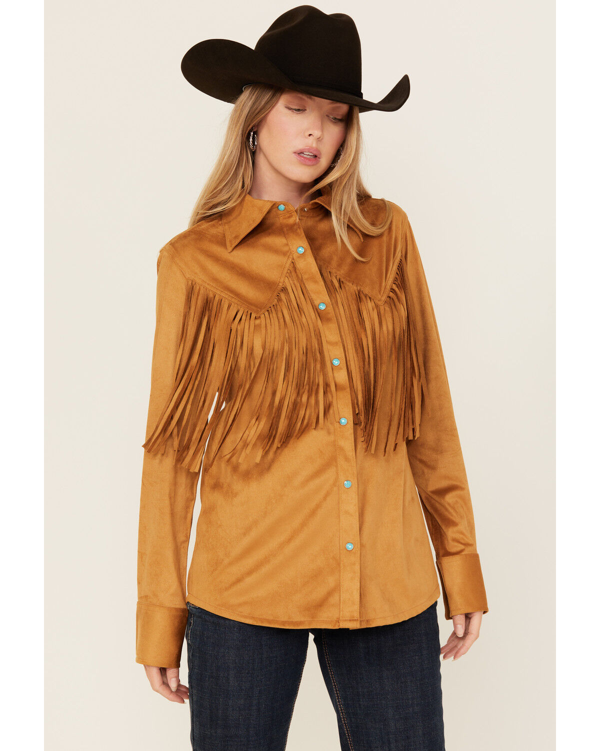 Image #2 - Wrangler x Lainey Wilson Women's Fringe Long Sleeve Snap Western Shirt, Caramel, hi-res