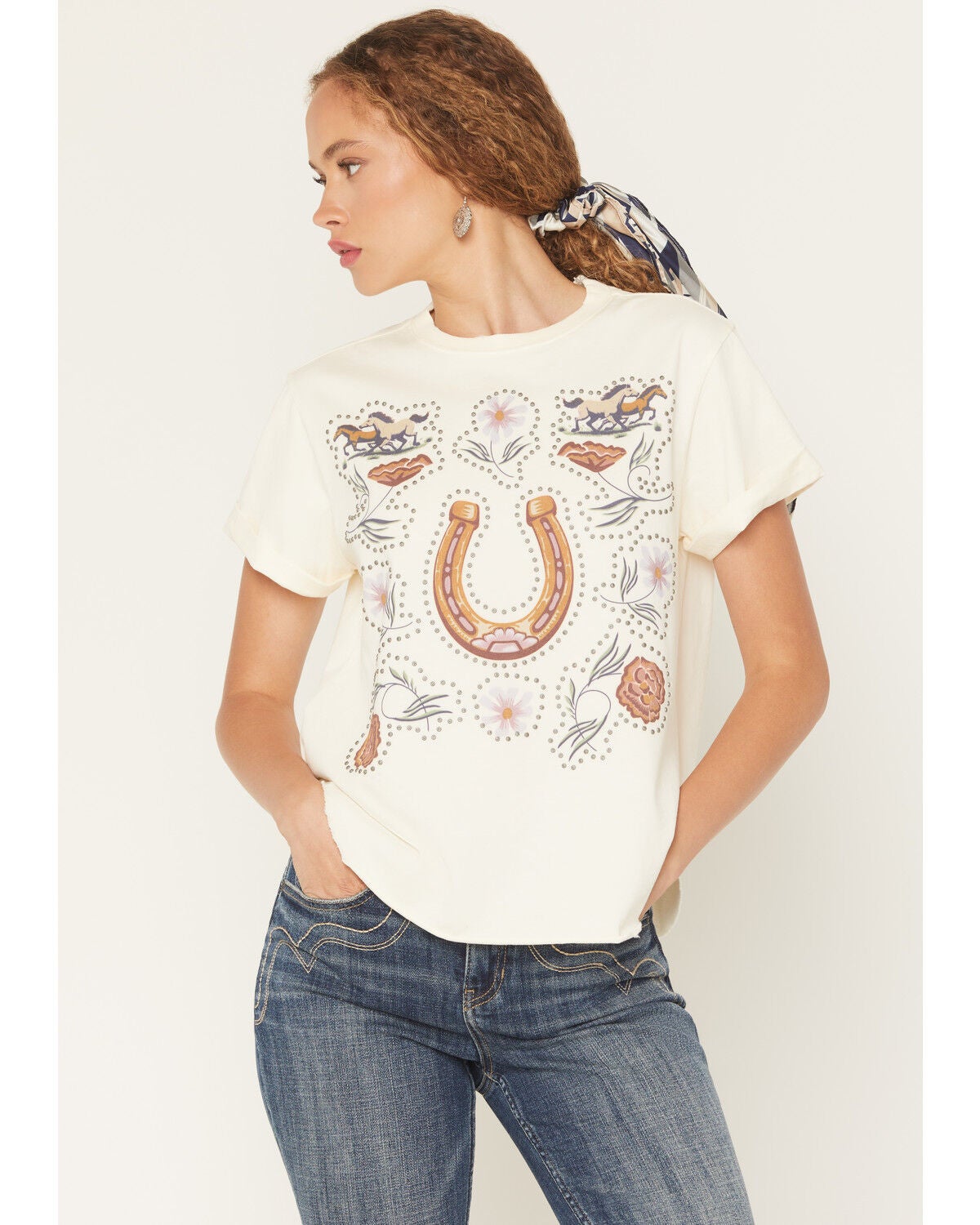 Image #1 - Idyllwind Women's Joyce Floral Horseshoe Short Sleeve Graphic Tee, Cream, hi-res
