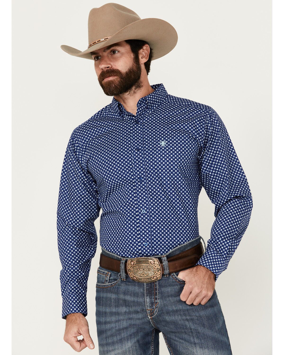 Image #1 - Ariat Men's Price Geo Print Fitted Long Sleeve Button-Down Western Shirt, , hi-res