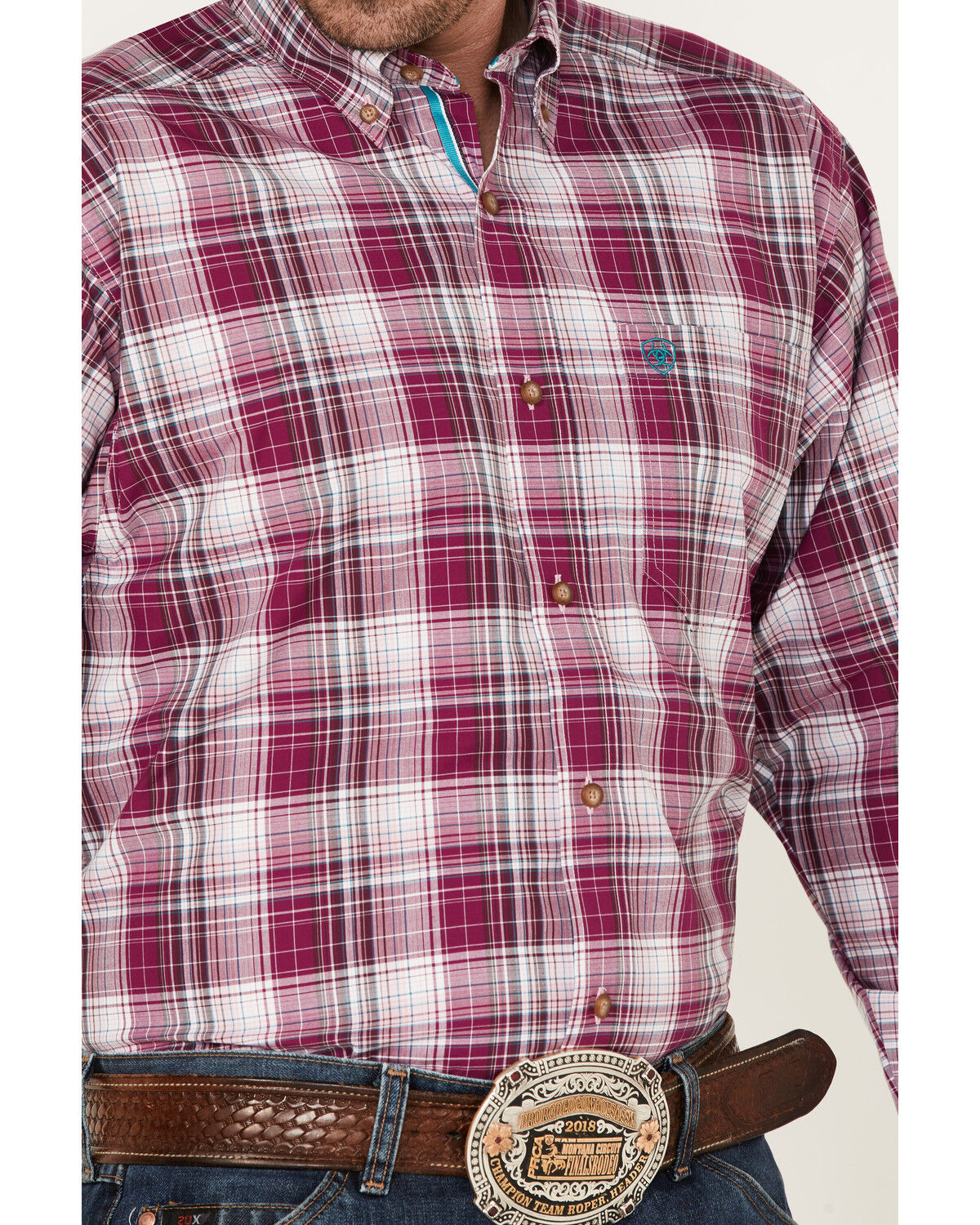 Image #3 - Ariat Men's Fosco Pro Stretch Plaid Button Down Western Shirt, Pink, hi-res