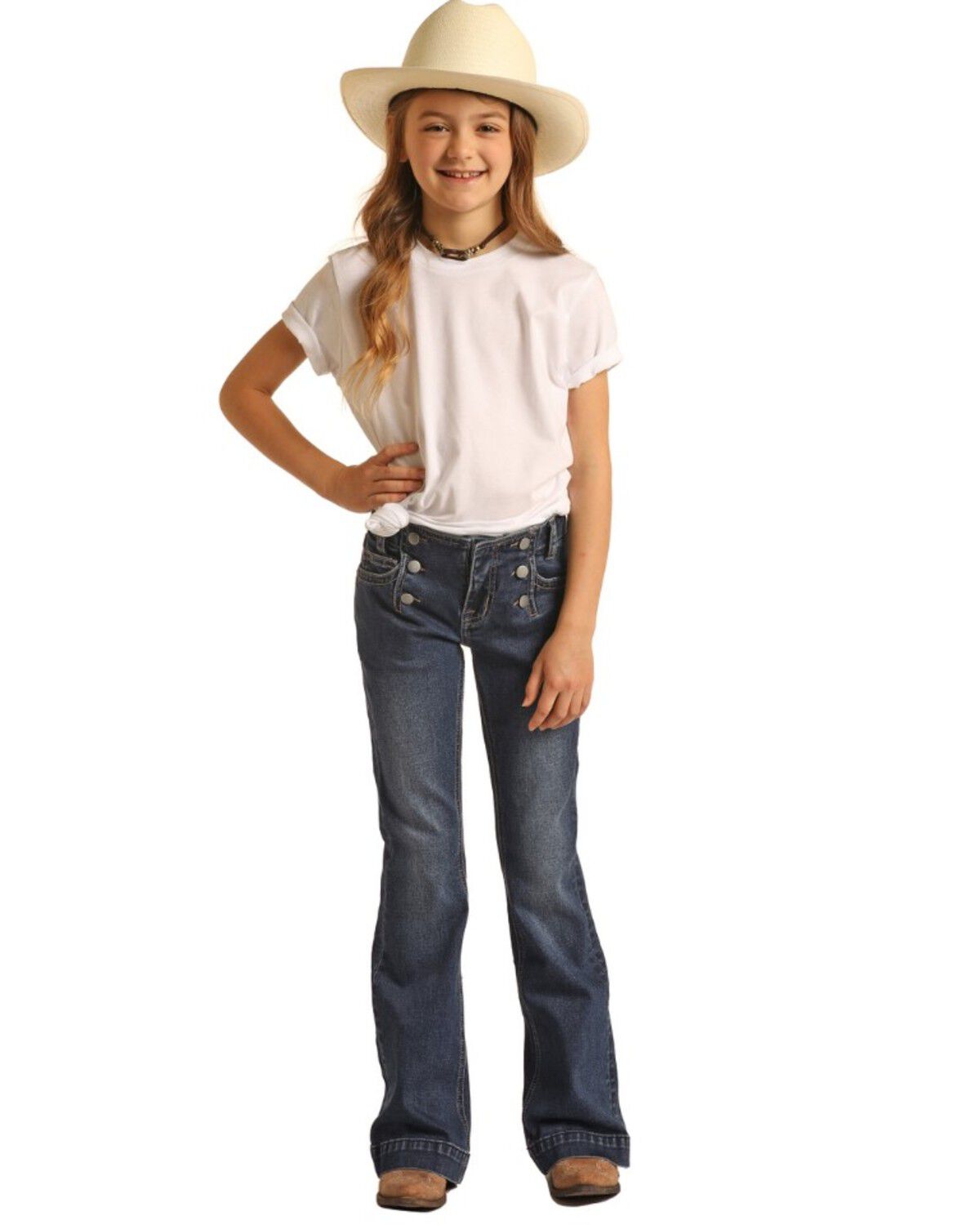 Image #1 - Rock & Roll Denim Girls' Double Button Stretch Trouser Jeans, Blue, hi-res