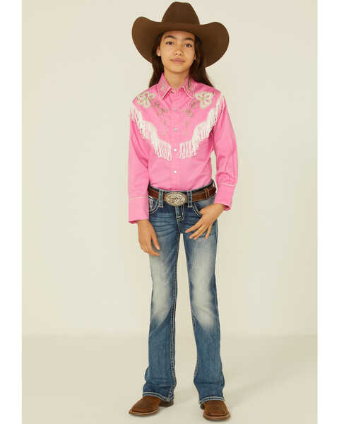 Image #2 - Rockmount Ranchwear Girls' Embroidered Vintage Fringe Long Sleeve Pearl Snap Western Shirt, Pink, hi-res
