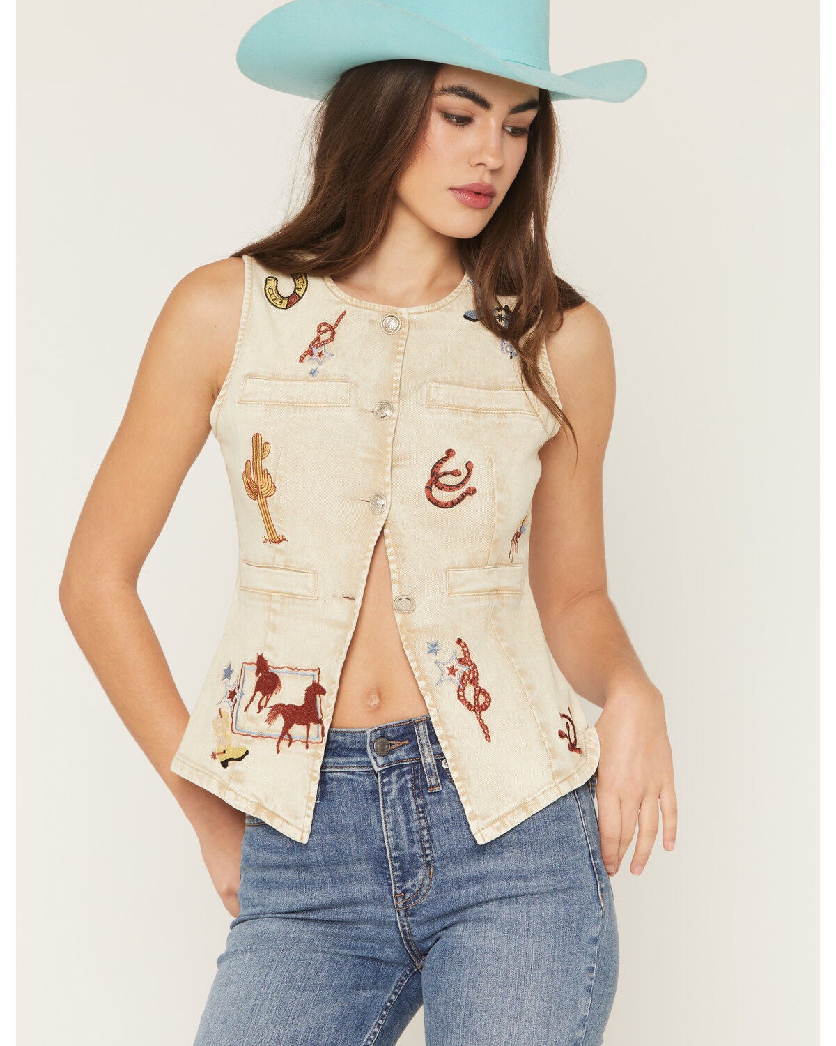 Image #1 - Blue B Women's Western Embroidered Sleeve Button-Down Shirt, Sand, hi-res