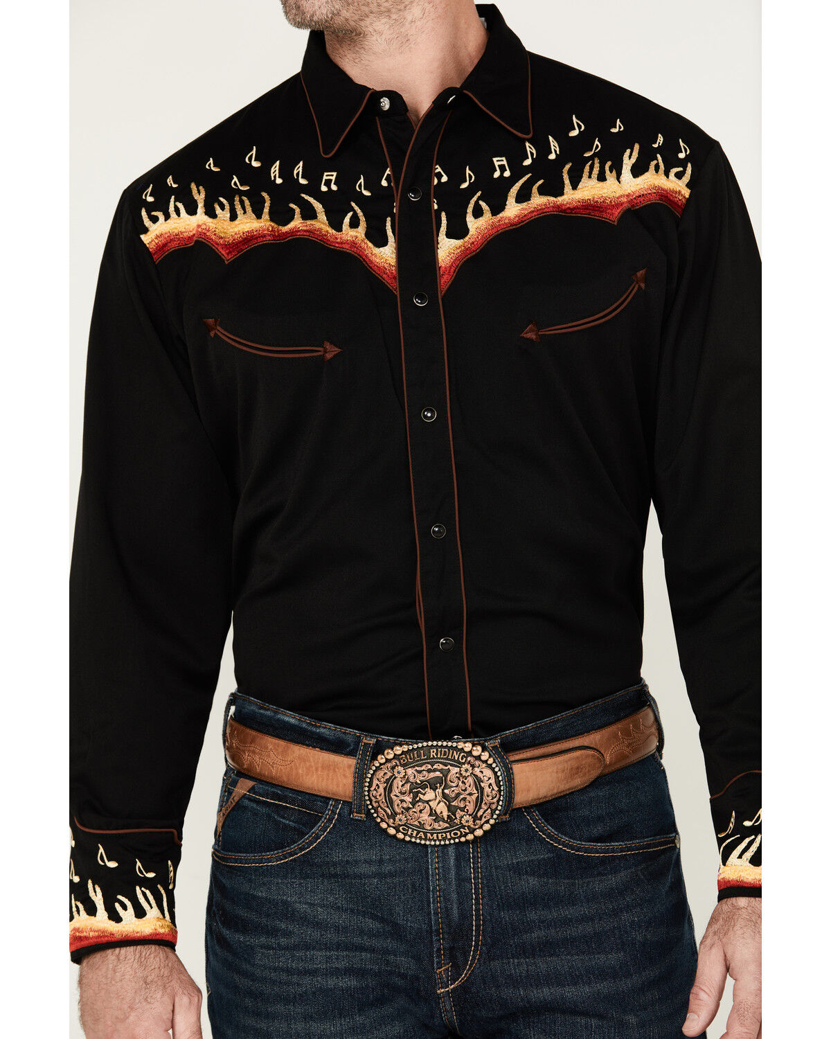 Image #3 - Scully Men's Music Note Flame Embroidered Long Sleeve Snap Western Shirt, Black, hi-res