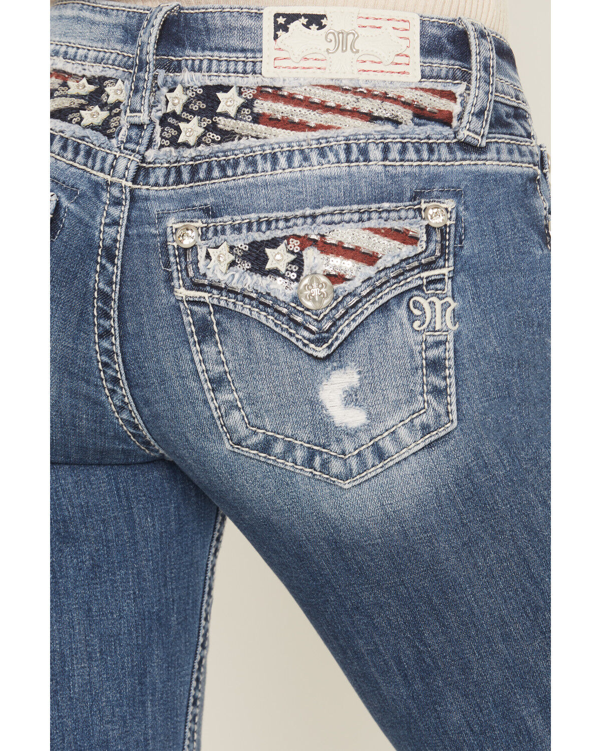 Image #2 - Miss Me Women's Medium Wash Mid Rise Americana Blowout Bootcut Stretch Denim Jeans, Medium Wash, hi-res