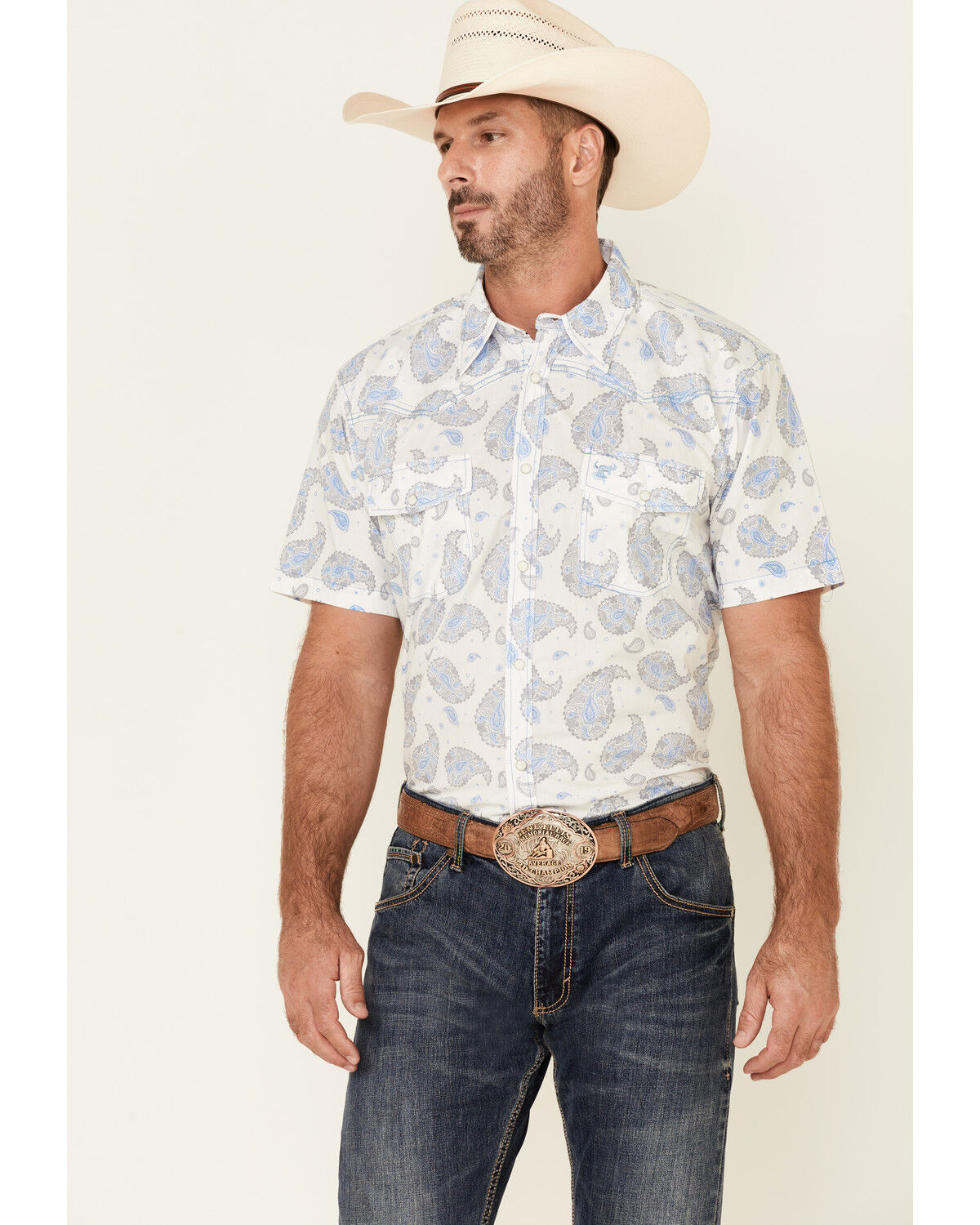 Image #1 - Cowboy Hardware Men's Double Paisley Print Short Sleeve Western Shirt, , hi-res