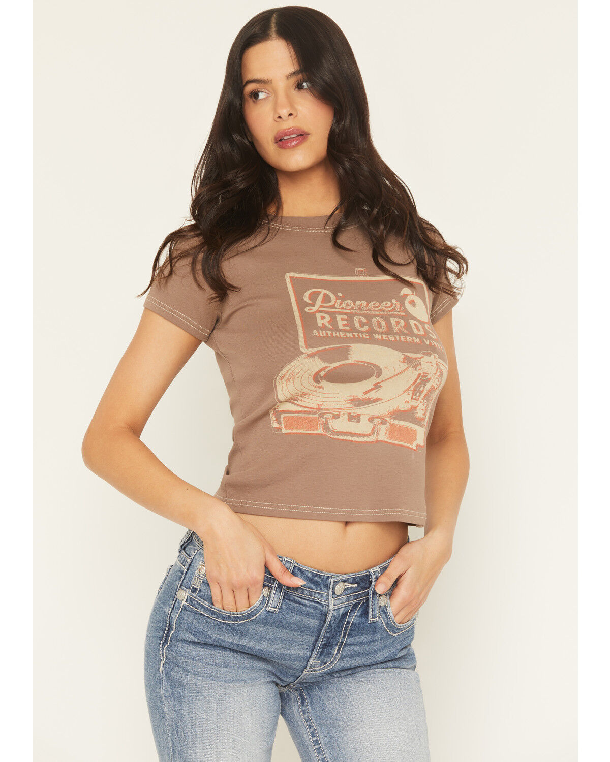 Image #2 - Cleo + Wolf Women's Record Graphic Short Sleeve Graphic Baby Tee, Taupe, hi-res