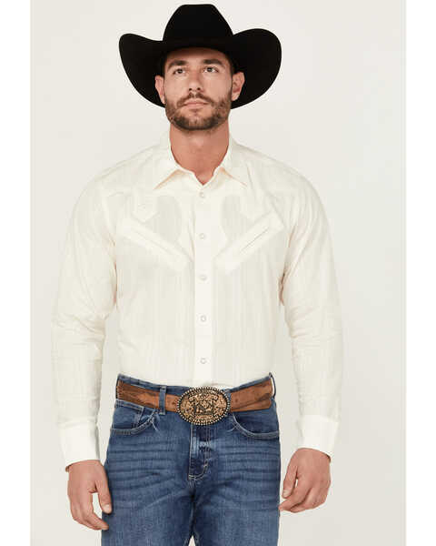 Image #1 - Wrangler Men's Rodeo Ben Jacquard Solid Long Sleeve Snap Western Shirt , Ivory, hi-res