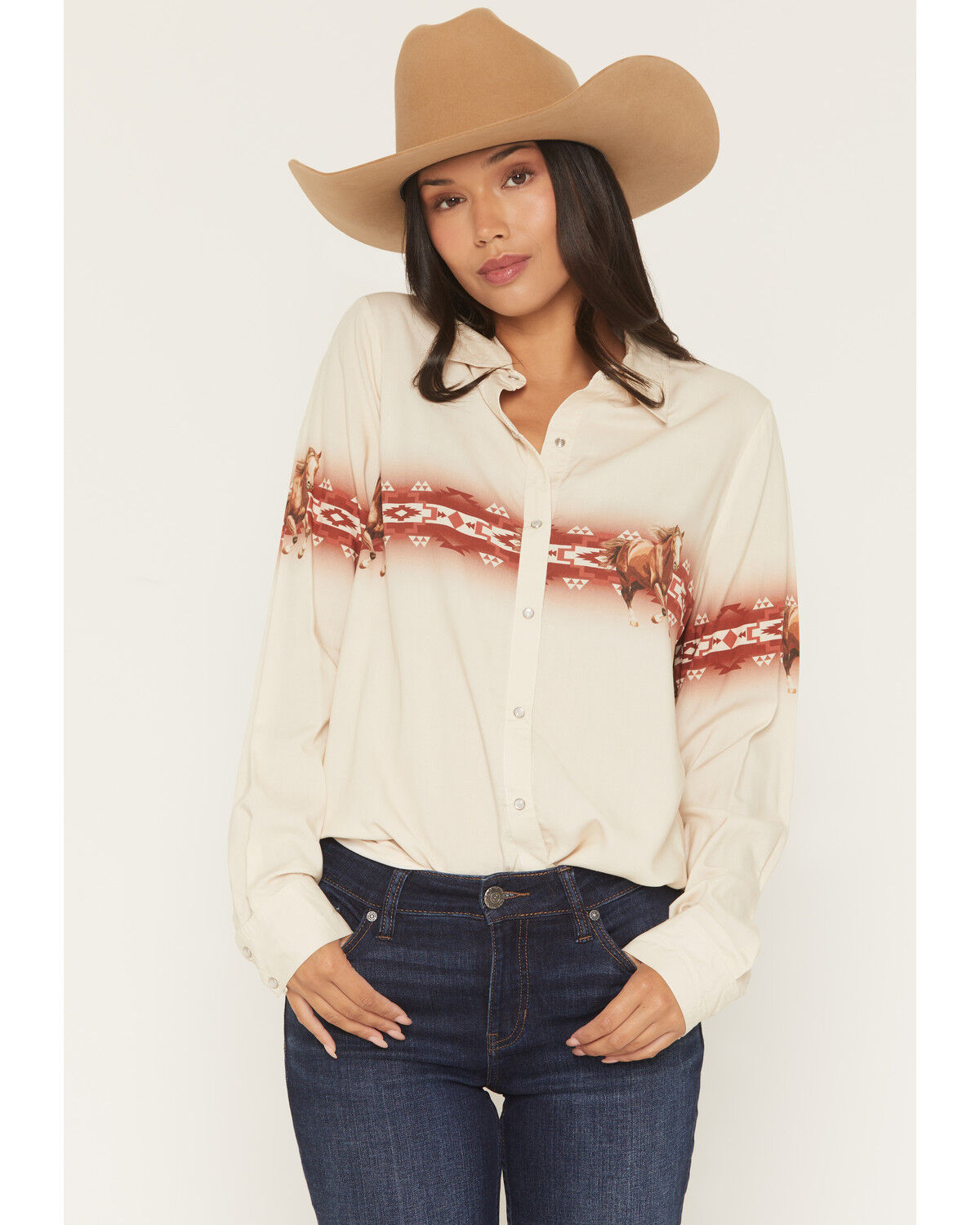Image #1 - Rock & Roll Denim Women's Running Horse Border Print Oversized Long Sleeve Pearl Snap Western Shirt, Beige, hi-res