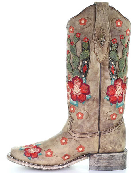 Image #3 - Corral Women's Cactus Floral Embroidery Overlay Western Boots - Square Toe, Taupe, hi-res