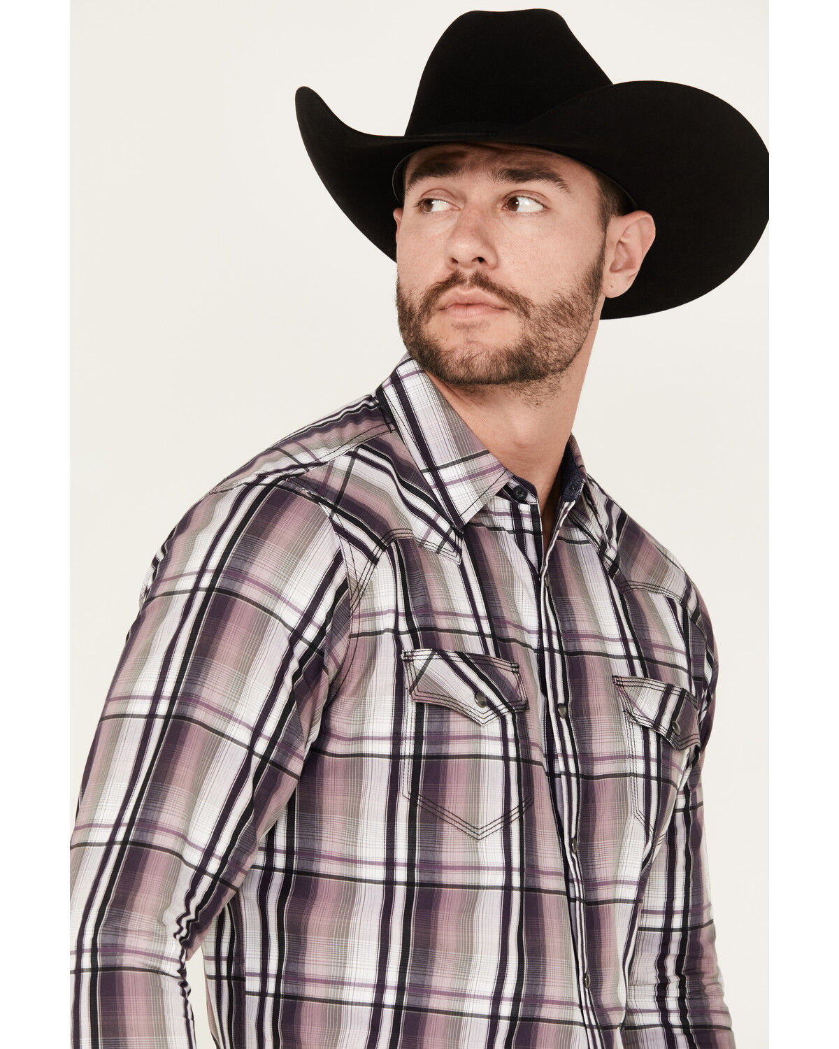 Image #2 - Moonshine Spirit Men's Back Stage Plaid Print Long Sleeve Snap Western Shirt, Purple, hi-res