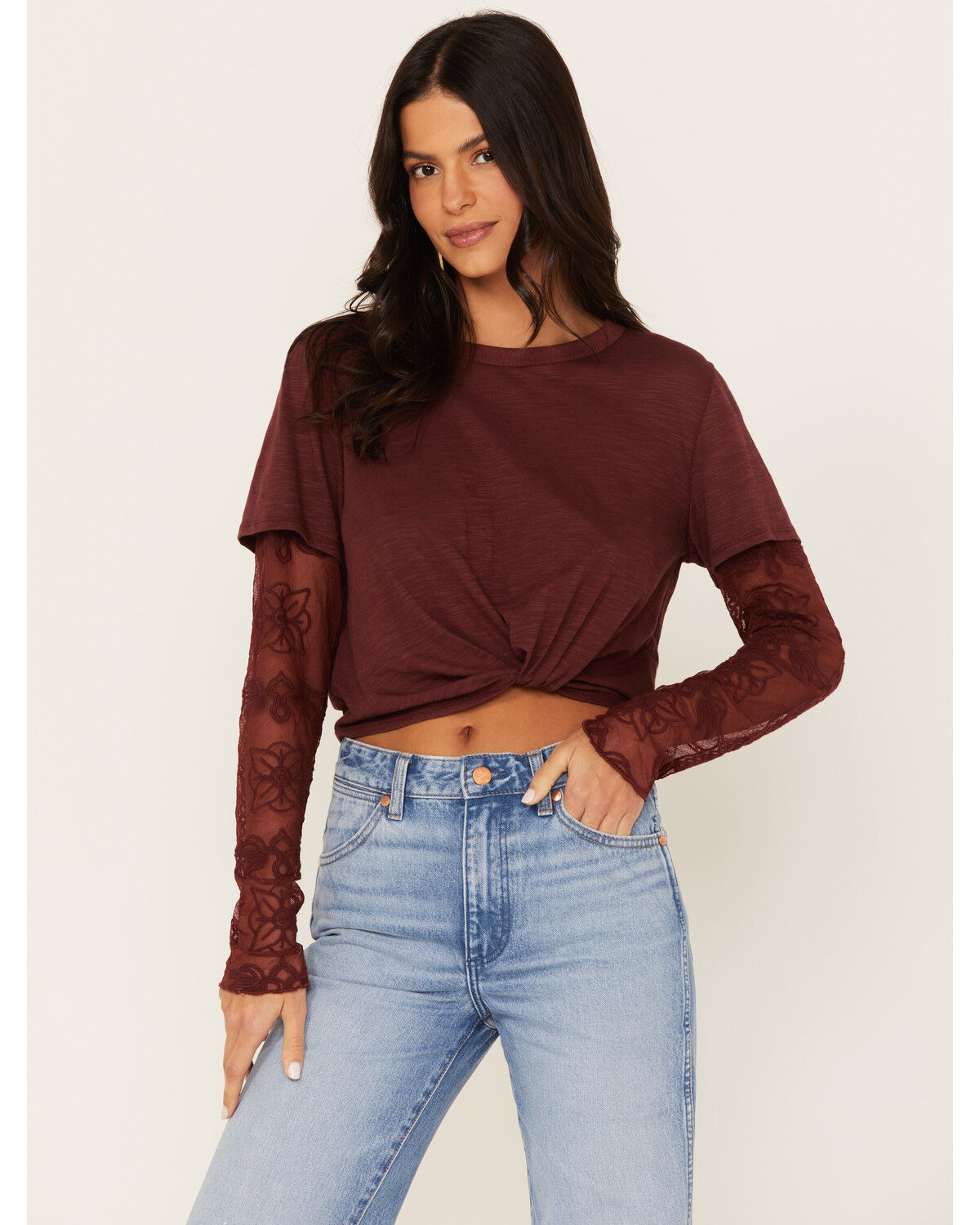 Image #1 - Jolt Women's Lace Trim Long Sleeve Shirt, Wine, hi-res