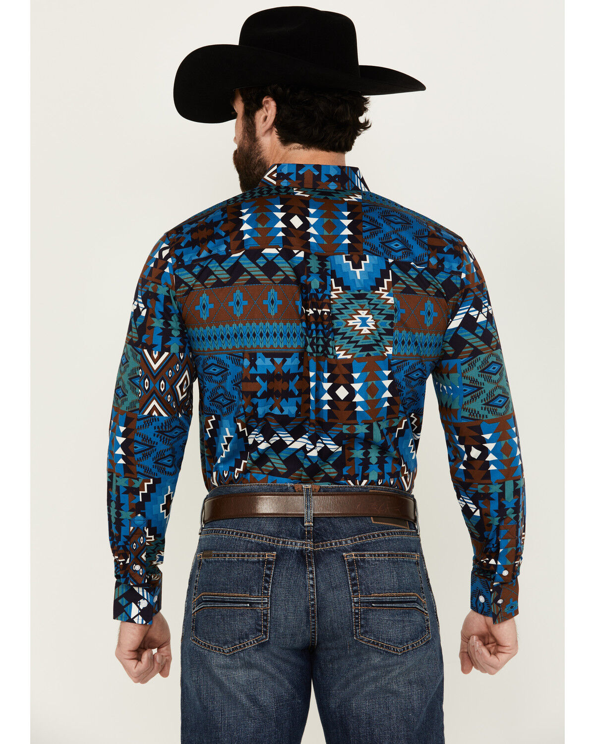 Image #4 - RANK 45® Men's Zavallo Southwestern Patchwork Long Sleeve Button-Down Stretch Western Shirt, Teal, hi-res