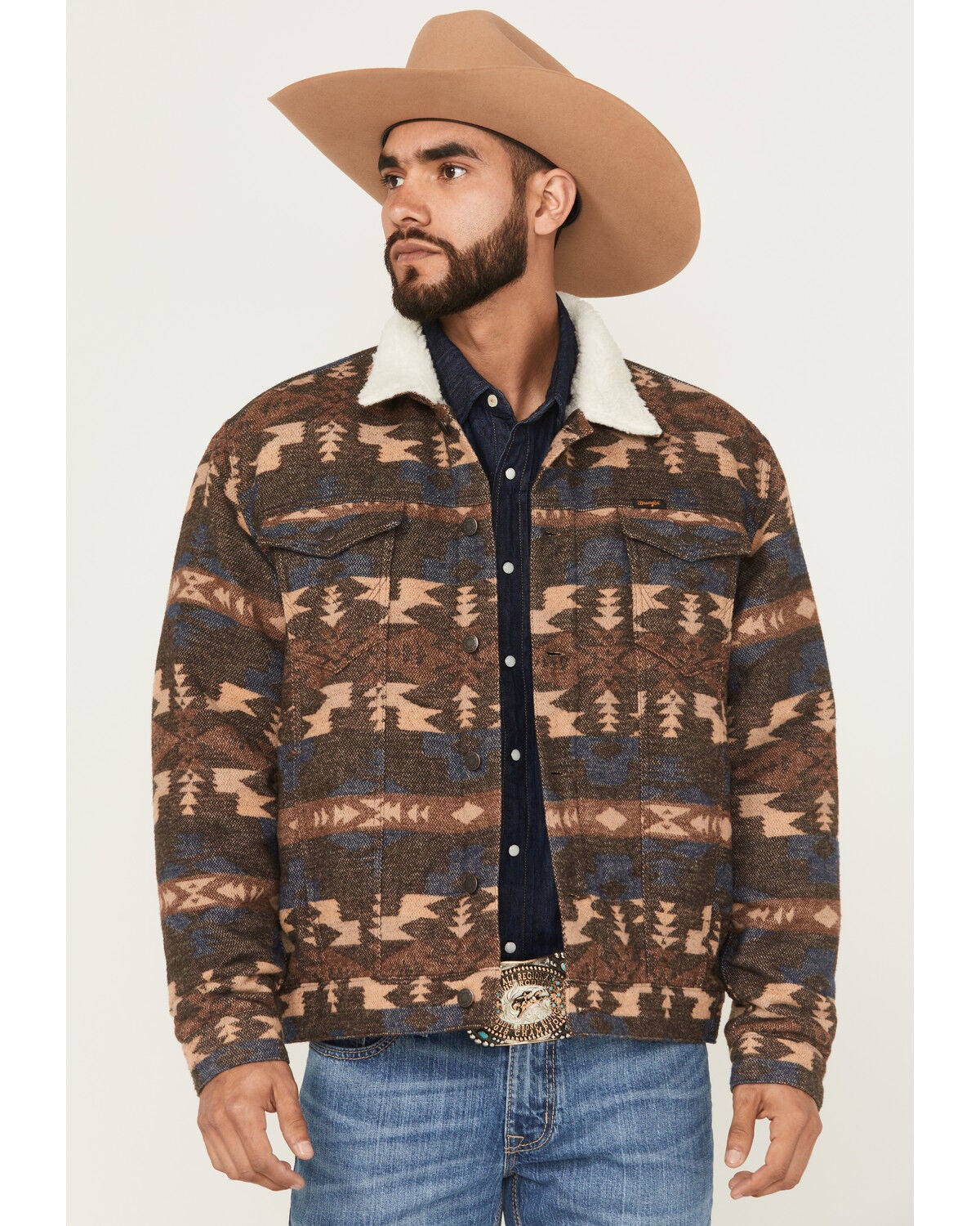Wrangler Men's Southwestern Print Sherpa Lined Trucker Jacket, Brown, hi-res
