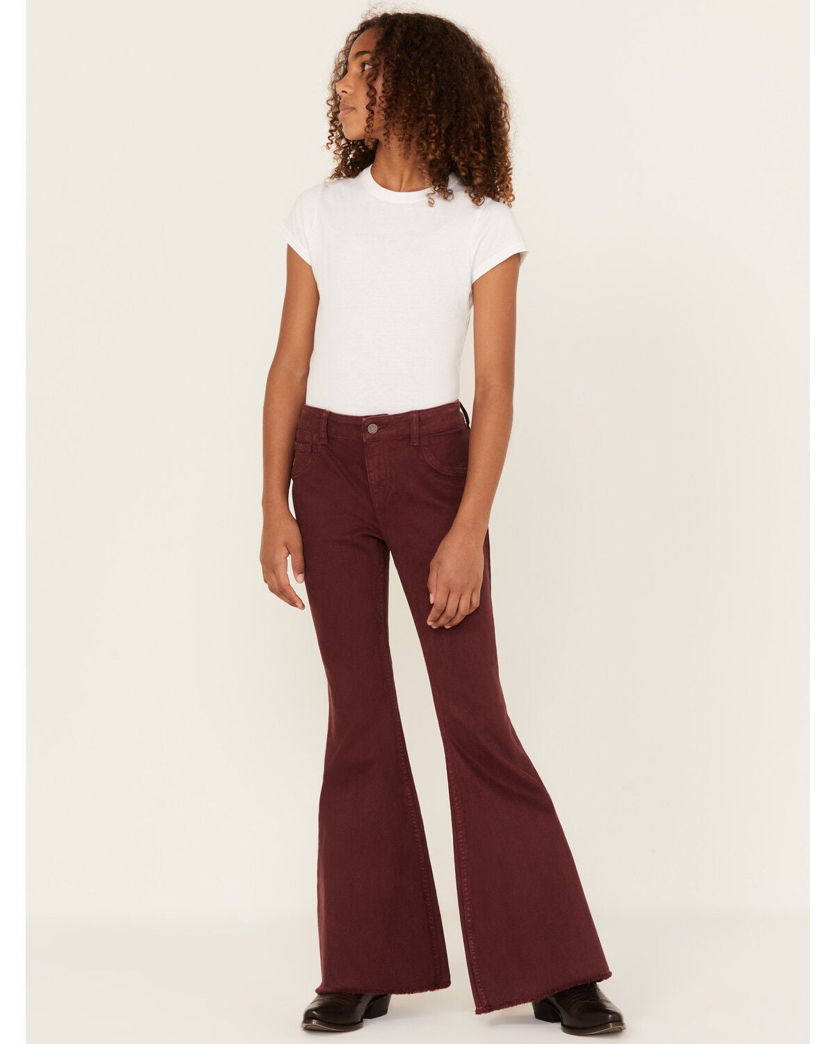 Shyanne Girls' Super Flare Raw Hem Jeans, Burgundy, hi-res