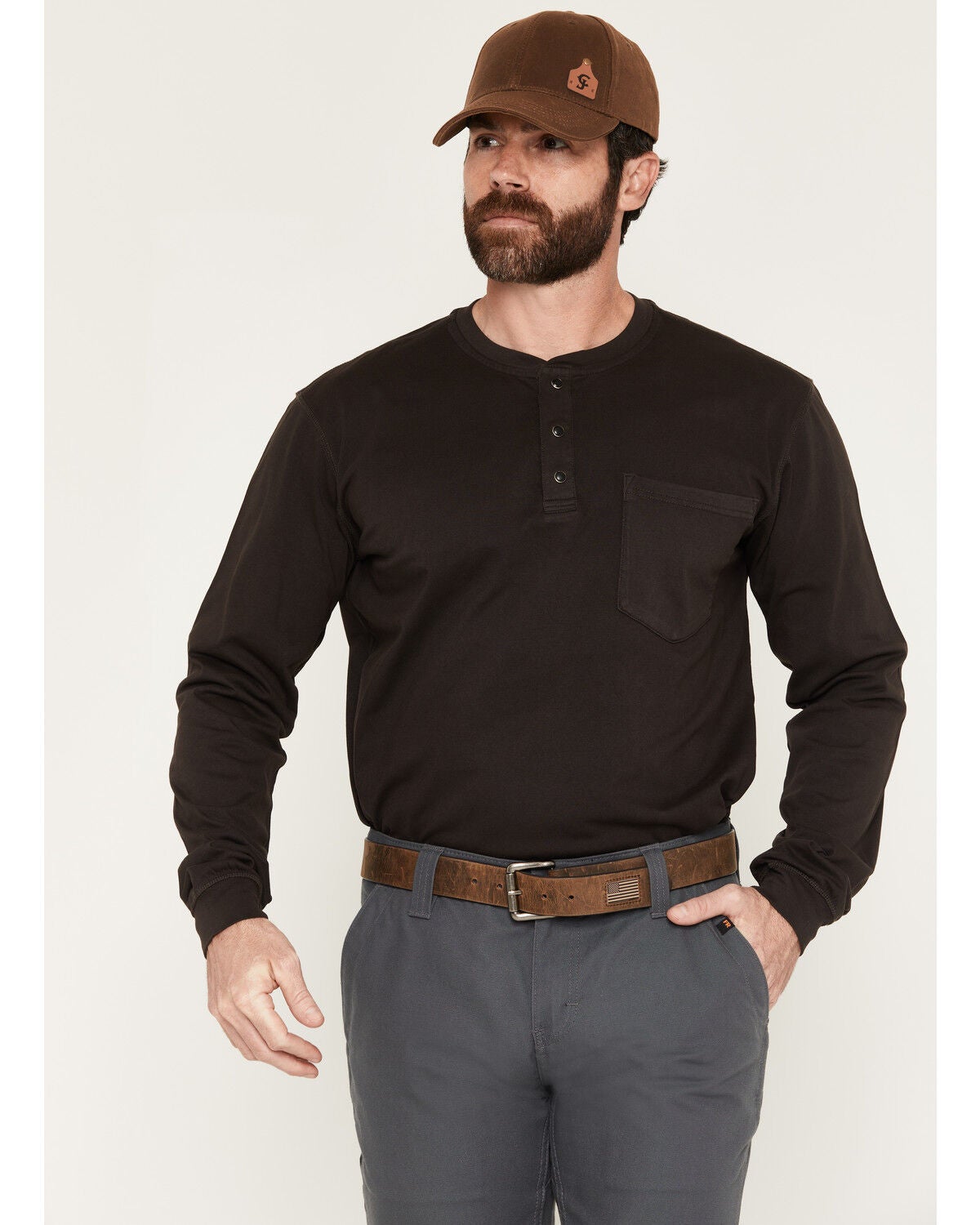 Image #1 - Cody James Men's FR Roughneck Solid Long Sleeve Snap Henley Work Shirt, Dark Brown, hi-res