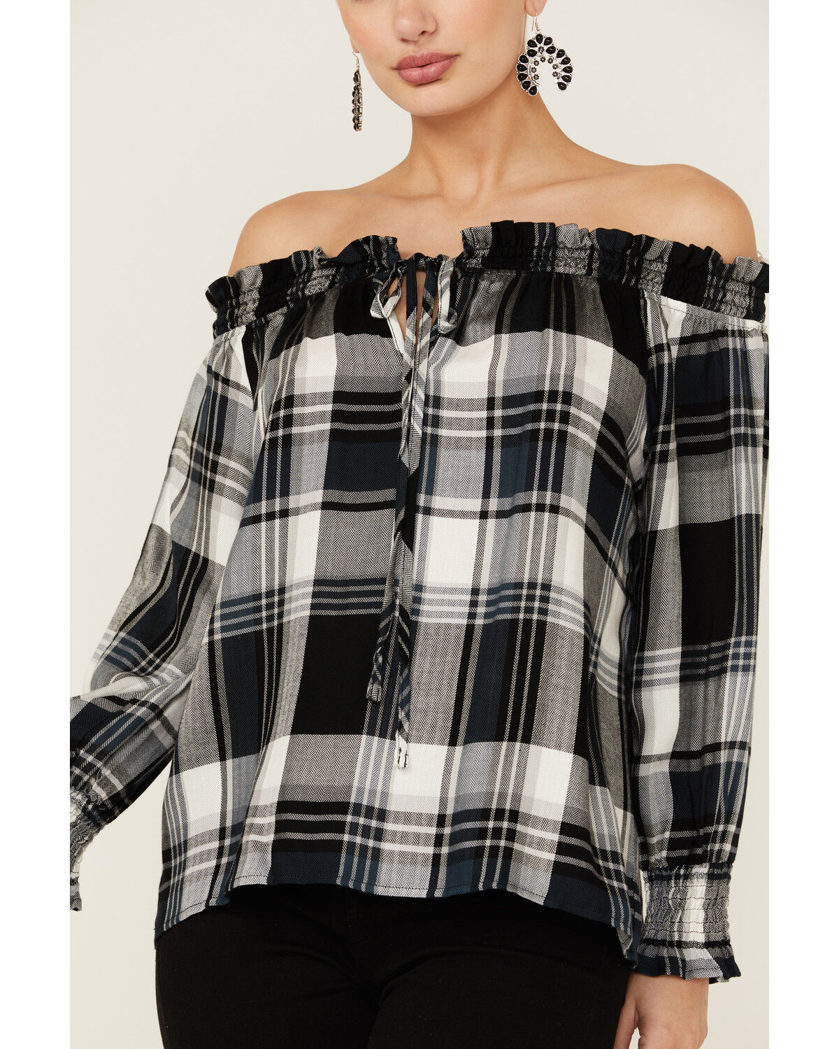 Image #2 - Wild Moss Women's Plaid Navy Off The Shoulder Top, Black, hi-res