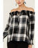 Image #2 - Wild Moss Women's Plaid Navy Off The Shoulder Top, Black, hi-res