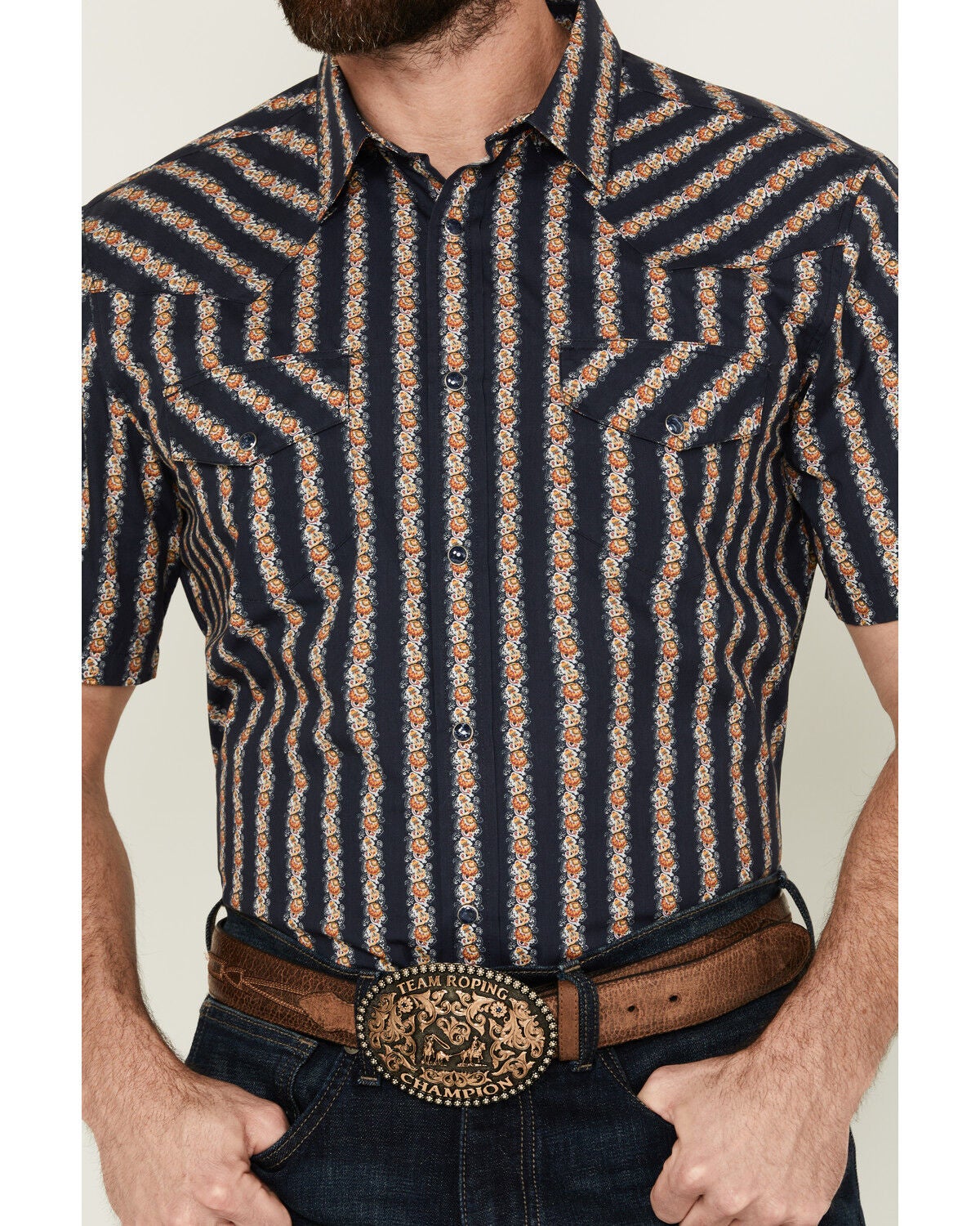 Image #3 - Gibson Men's Belmont Striped Short Sleeve Snap Western Shirt, Navy, hi-res