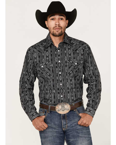 Rough Stock By Panhandle Men's Southwestern Dot Print Long Sleeve Snap Western Shirt , Black, hi-res