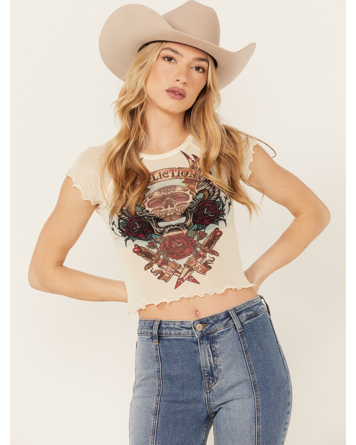 Image #1 - Affliction Women's Skull Mesh Baby Graphic Tee, White, hi-res