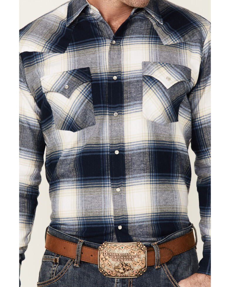 Ely Walker Men's Navy Small Plaid Long Sleeve Snap Western Flannel Shirt - Big & Tall , Navy, hi-res