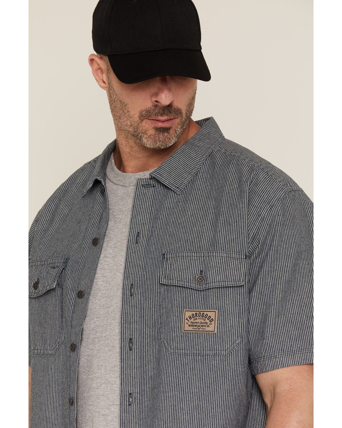 Image #2 - Thorogood Men's Striped Short Sleeve Button-Down Garage Shirt, Blue/white, hi-res