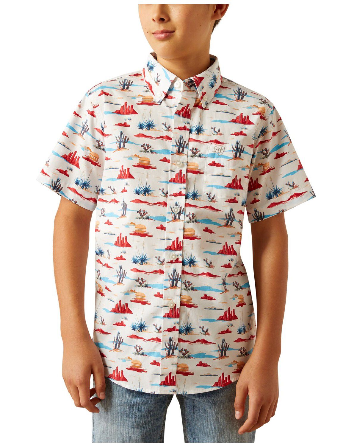 Image #1 - Ariat Boys' Desert Print Short Sleeve Button-Down Western Shirt, White, hi-res