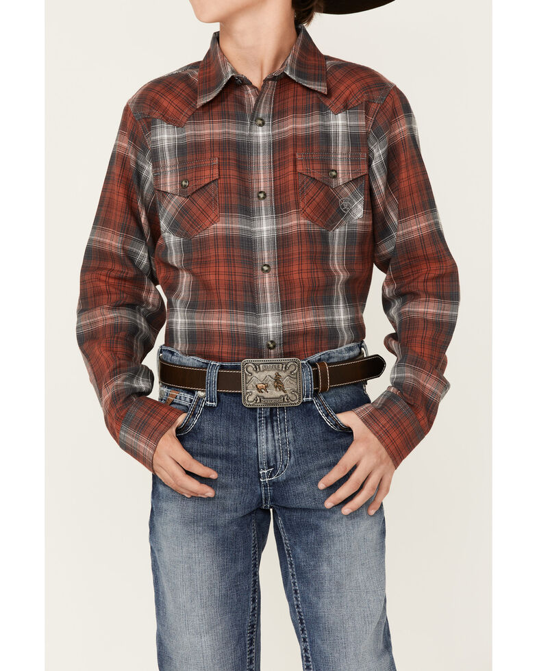 Ariat Boys' Haddison Muir Woods Retro Plaid Long Sleeve Snap Western Shirt , Dark Red, hi-res