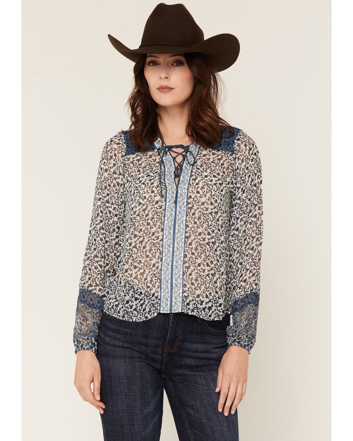 Idyllwind Women's Georgette Clover Long Sleeve Blouse, Light Blue, hi-res