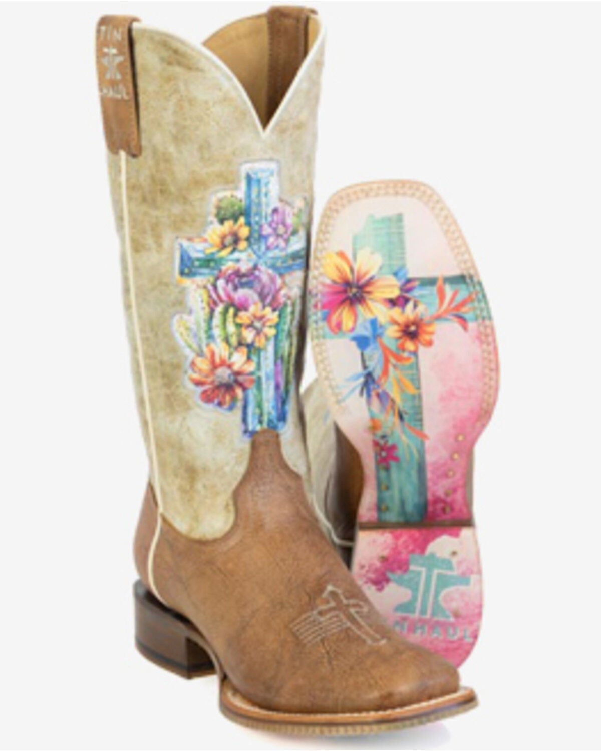 Tin Haul Women's Love Jesus Western Boots - Broad Square Toe, Tan, hi-res