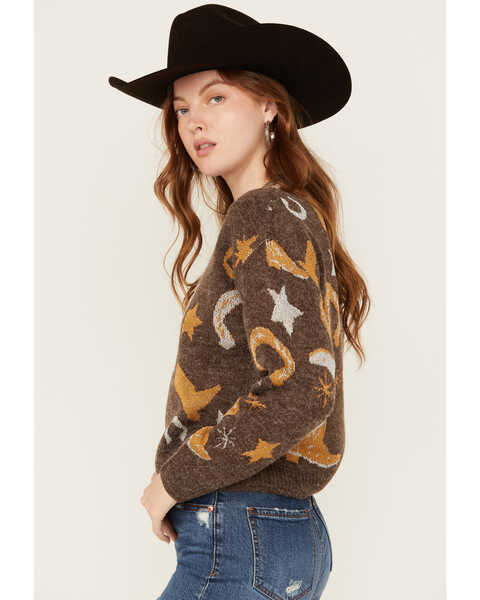 Image #3 - Cotton & Rye Women's Boots and Horseshoe Metallic Sweater , Brown, hi-res