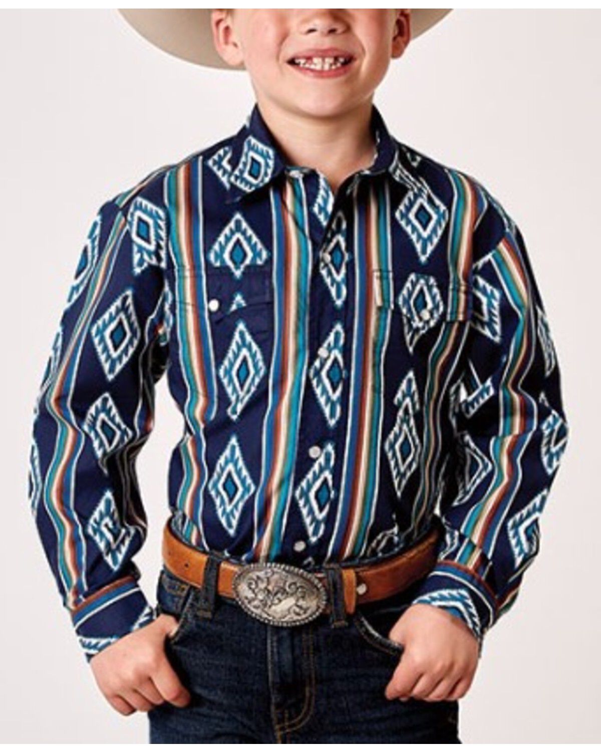 Image #1 - Roper Boys' Southwestern Striped Long Sleeve Snap Western Shirt, Navy, hi-res