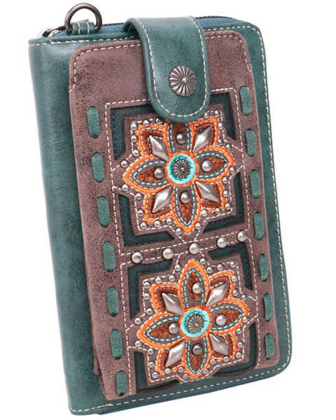 Montana West Women's Embroidered Collection Phone Wallet Crossbody Bag, Turquoise, hi-res