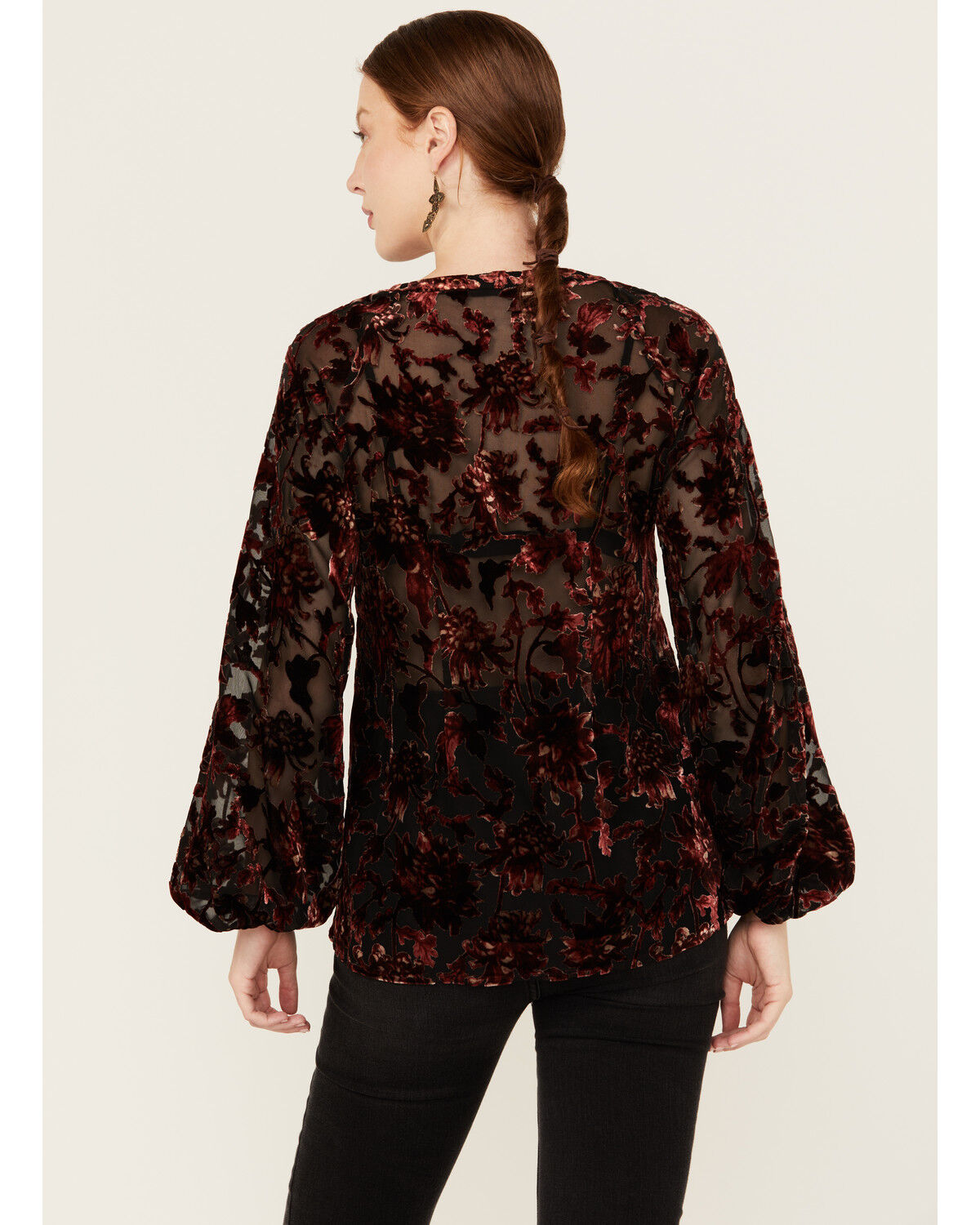 Image #4 - Shyanne Women's Burnout Velvet Peasant Lace-Up Top, Black, hi-res