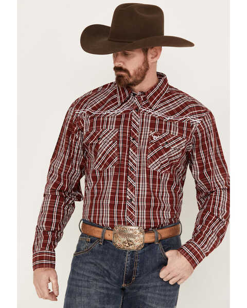 Image #1 - Cowboy Hardware Men's Austin Plaid Print Long Sleeve Snap Western Shirt, Brick Red, hi-res