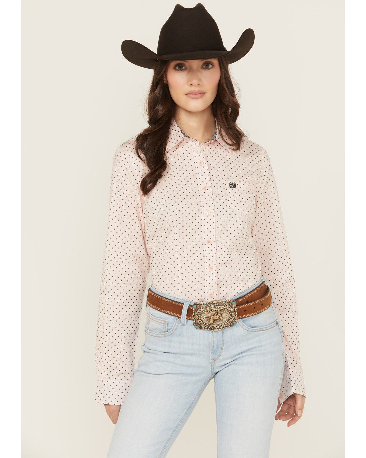 Cinch Women's Dotted Long Sleeve Button-Down Western Shirt, Pink, hi-res
