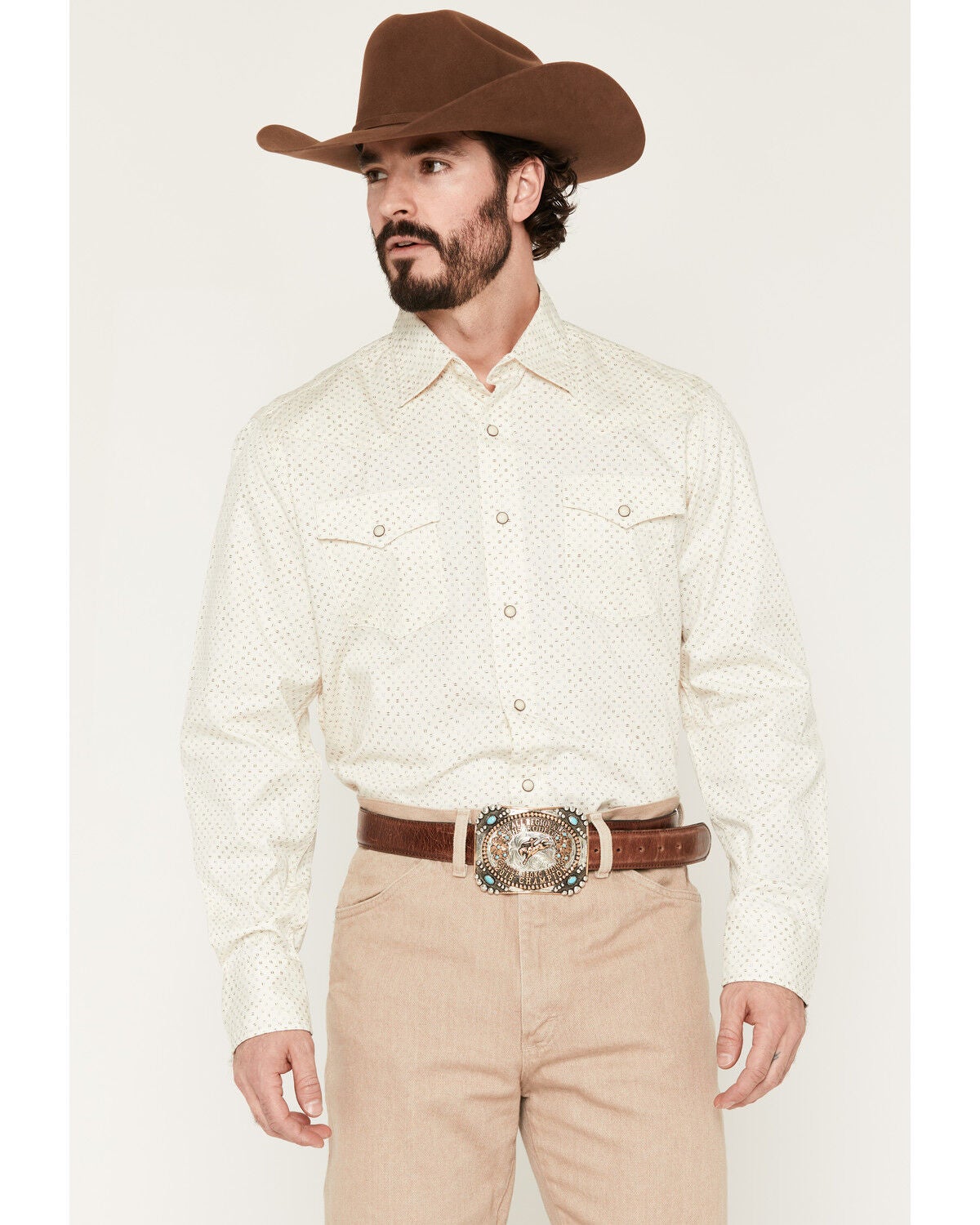 Wrangler Retro Men's Premium Micro Geo Print Long Sleeve Snap Western Shirt, Cream, hi-res