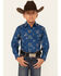 Ely Walker Boys' Southwestern Print Long Sleeve Pearl Snap Western Shirt , Navy, hi-res