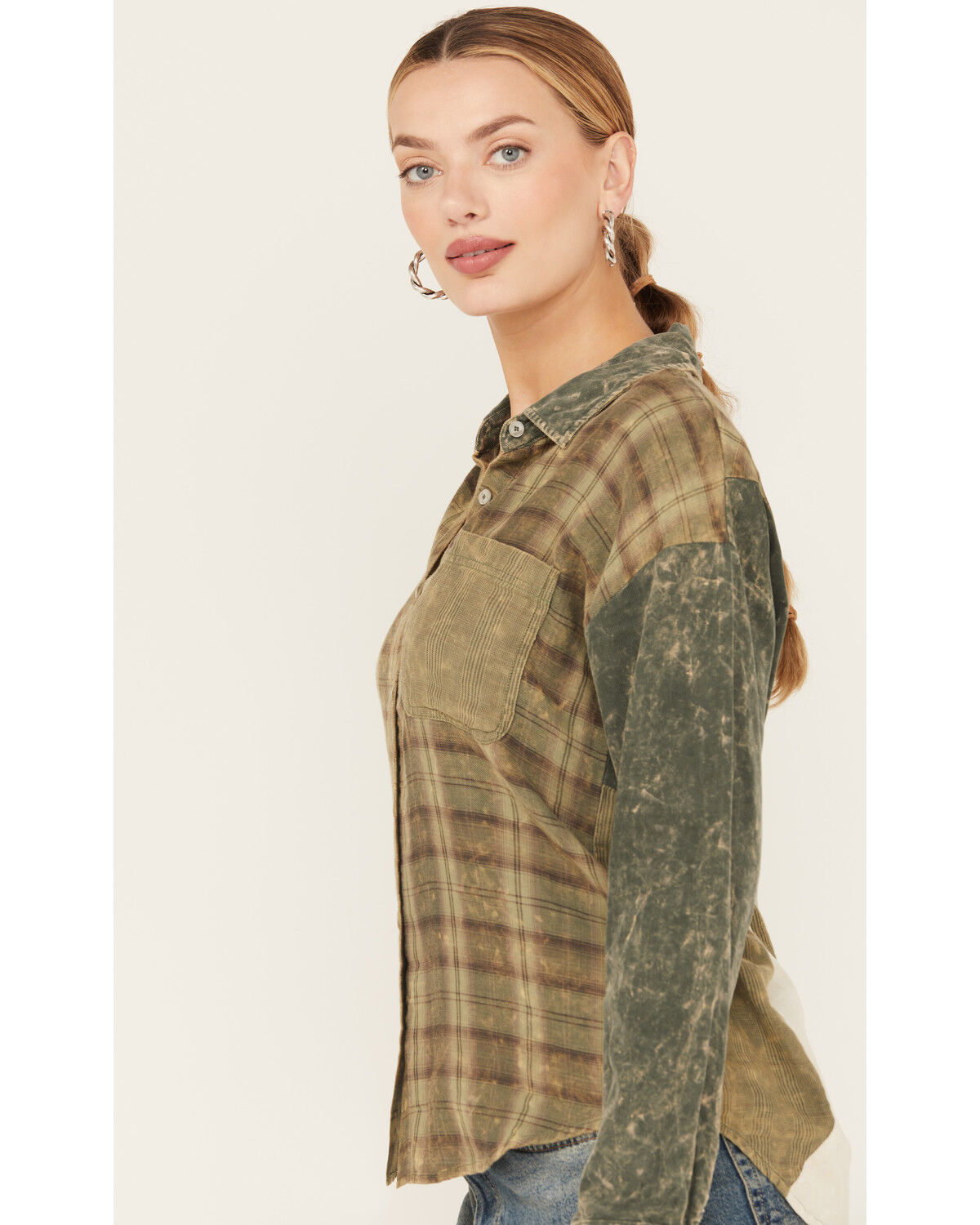 Image #2 - Mystree Women's Plaid Print Color Block Long Sleeve Button-Down Shirt, Green, hi-res