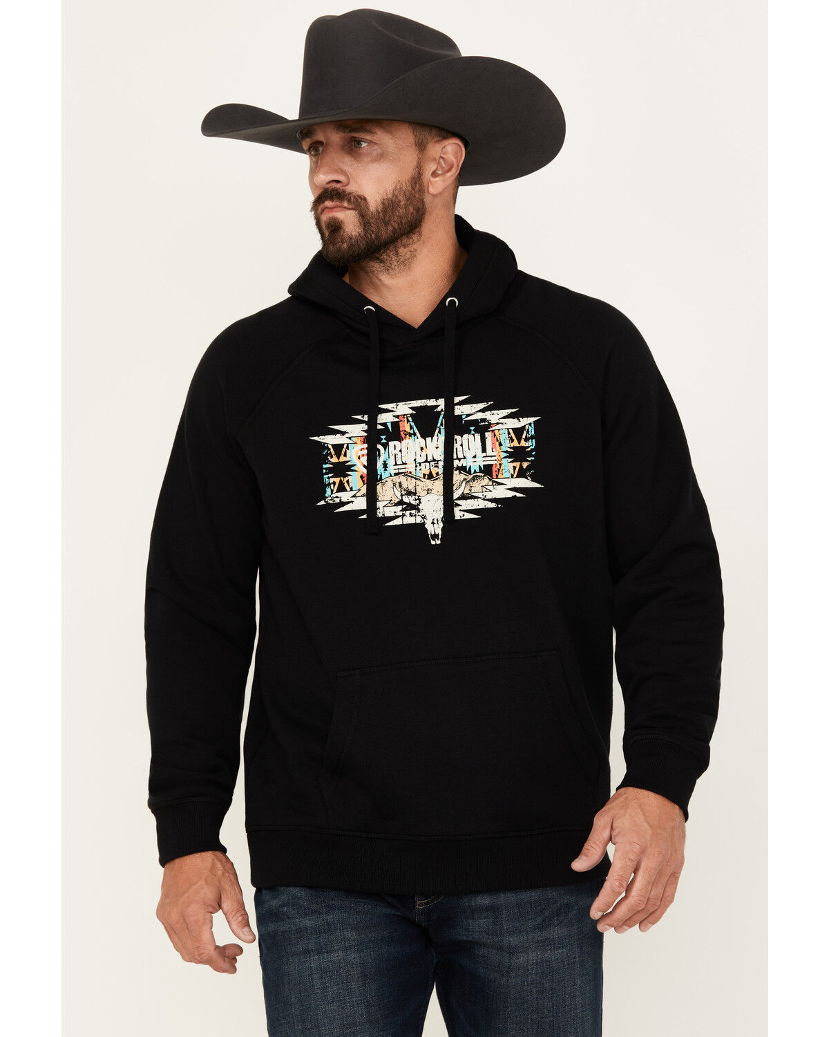 Image #1 - Rock & Roll Denim Men's Southwestern Skull Graphic Hooded Sweatshirt, Black, hi-res