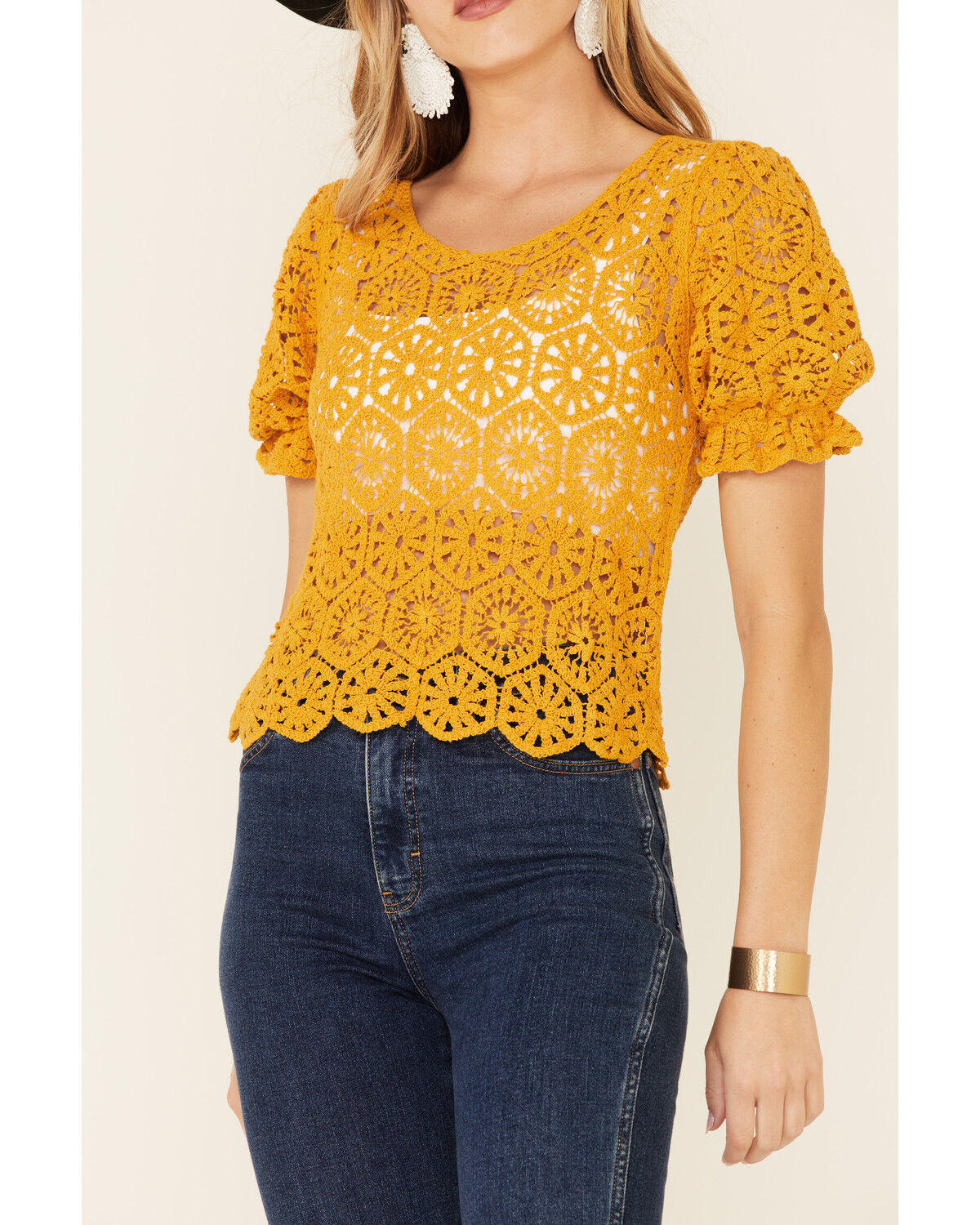 Image #3 - Very J Women's Mustard Circle Crochet Short Sleeve Crop Top, Mustard, hi-res