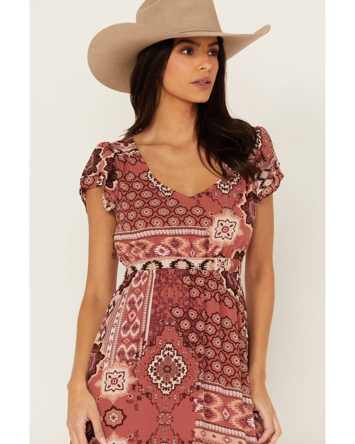 Image #2 - Shyanne Women's Printed Chiffon Short Sleeve Maxi Dress, Rust Copper, hi-res