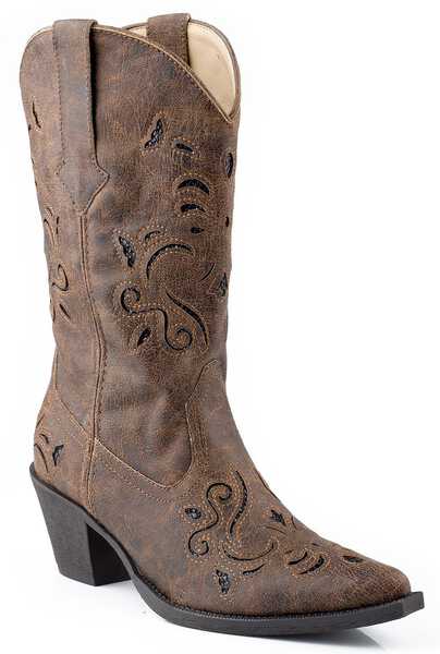 Roper Women's Vintage Faux-Leather Glittery Inlay Western Boots - Snip Toe, Brown, hi-res