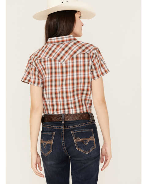 Image #4 - Rough Stock by Panhandle Women's Plaid Print Stretch Short Sleeve Western Snap Shirt, Rust Copper, hi-res