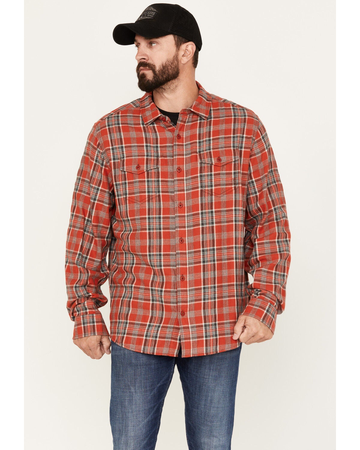 Brothers and Sons Men's Plaid Long Sleeve Button-Down Western Flannel Shirt, Red, hi-res